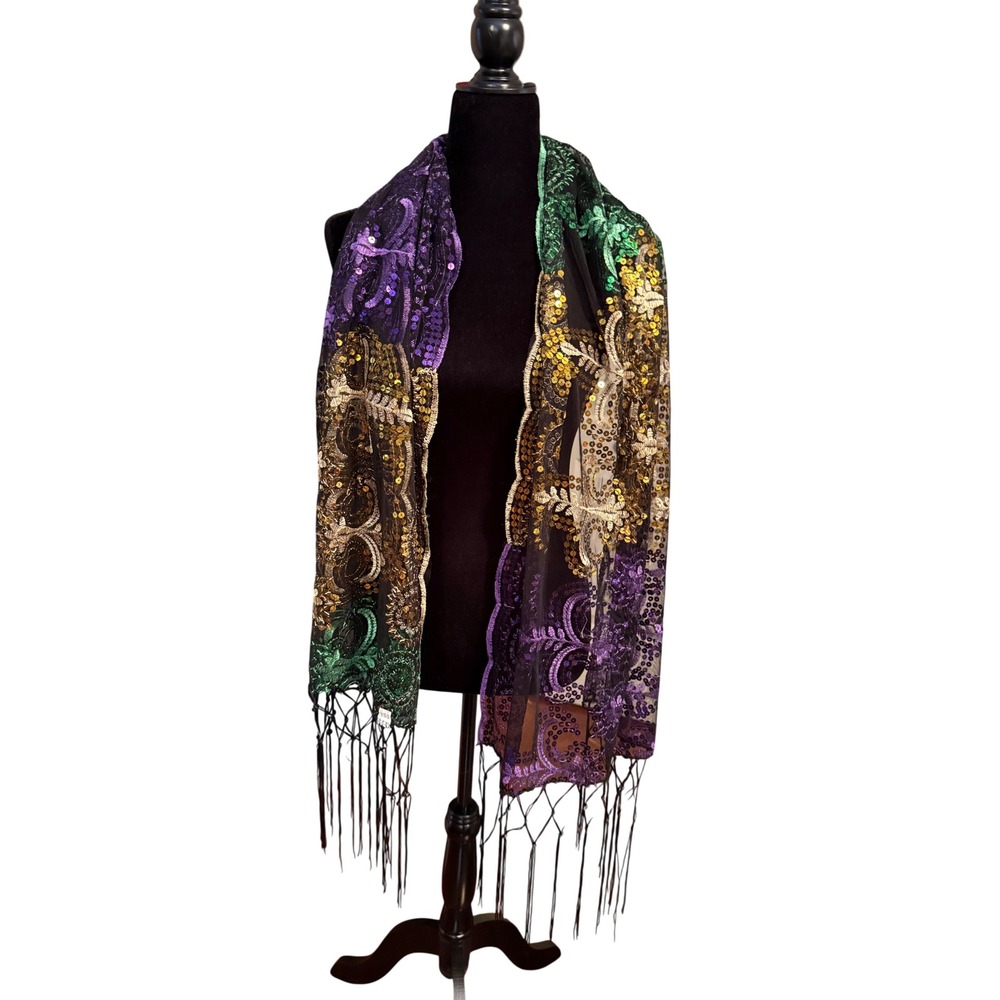 Mardi Gras Sequin Fleur De Lis Mesh Scarf Purple Green Gold Fringe Shawl Wrap
